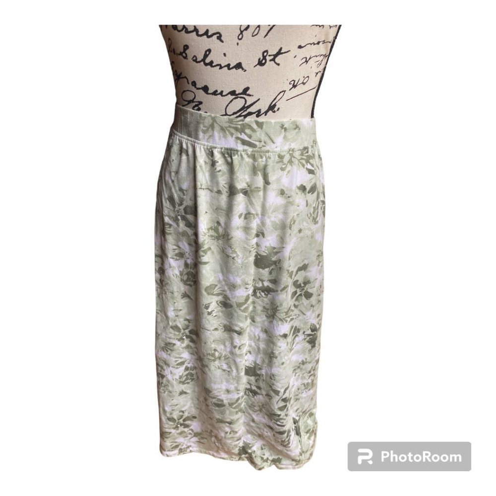 Denim & Co Midi skirt Green & white Soft Cotton Blend pull on elastic waist L